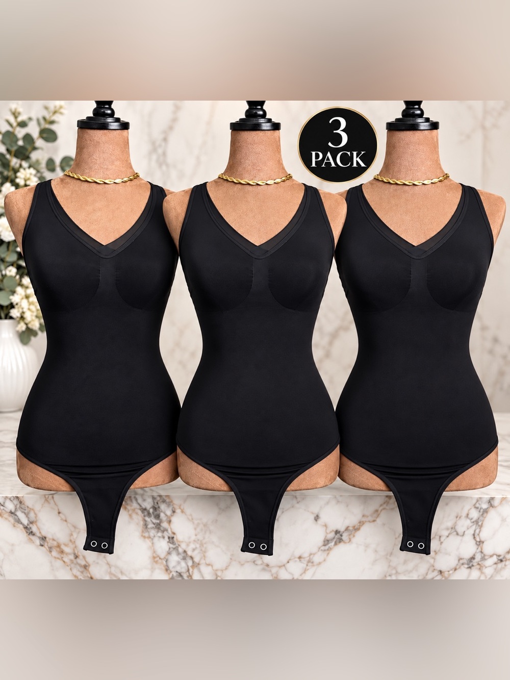 3-Pack Black Shaping Bodysuit – V-Neck Tummy Control Snap Crotch